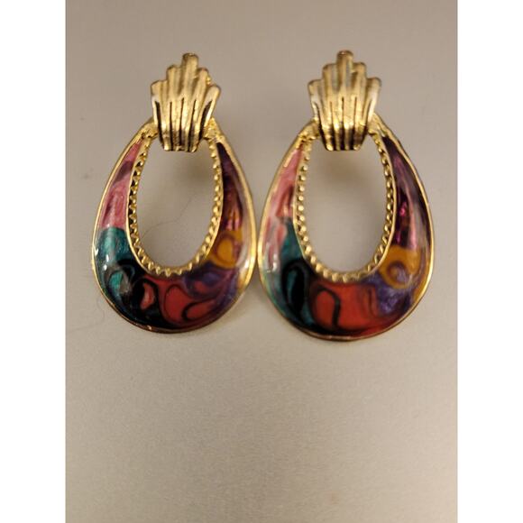 Vintage Enameled Hoop Drop Earrings - Picture 5 of 5